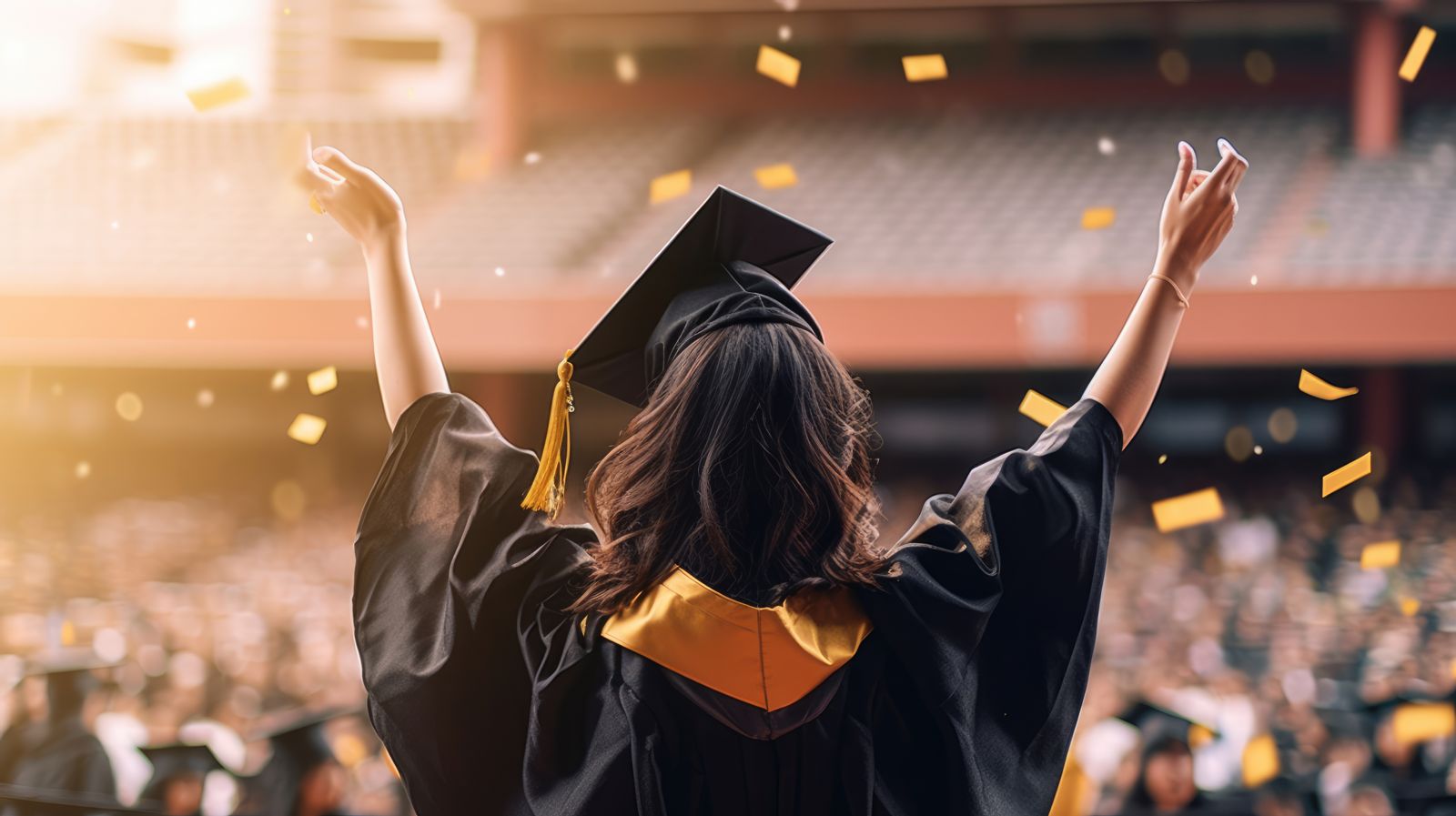 A high school diploma tied with a red ribbon lays diagonally across a black diploma holder with the words High School Diploma of Graduation in white stylized font above a gold seal with a graduation cap and the word graduate in all capitalized letters.